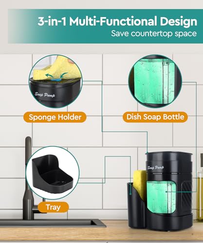 3-in-1 Kitchen Soap Dispenser with Sponge Holder - Black