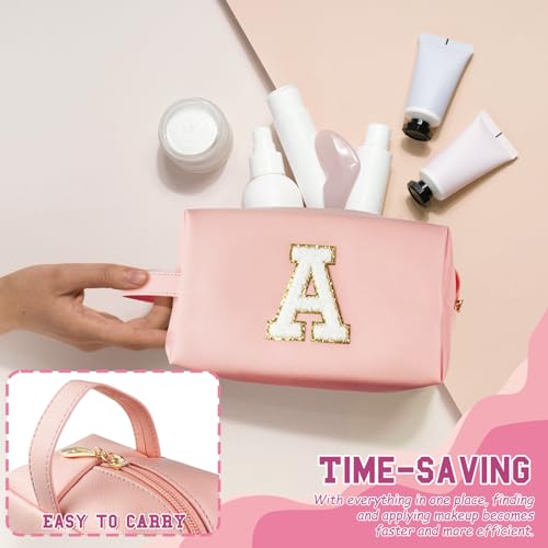 WEMVP Personalized Initial Makeup Bag with Handle Pink