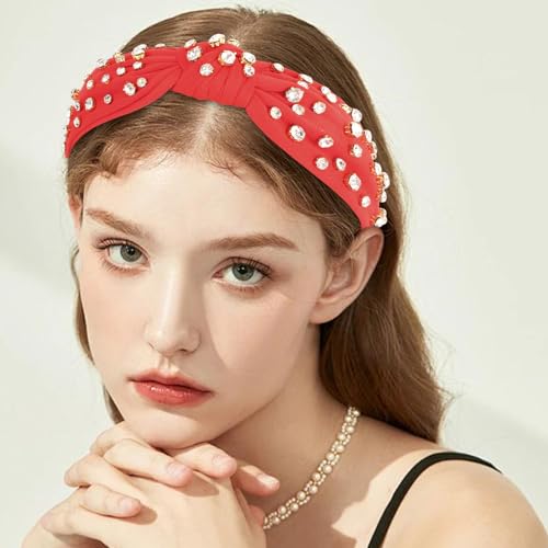 Red Rhinestone Knotted Headband Sparkly Crystal Hair Band for Women