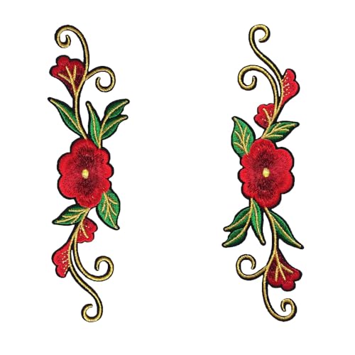 Colorful Flower Patch Applique - 2pcs Red Embroidered Iron-On Patches