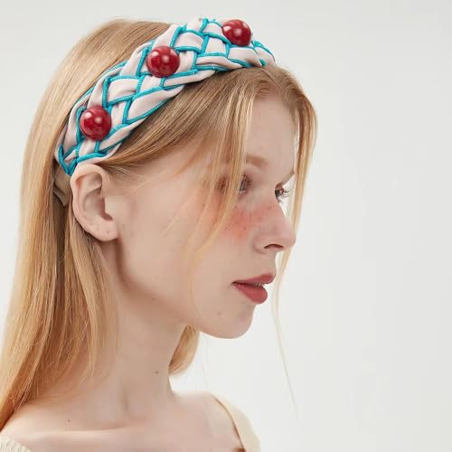 Zinzin Trendy Braided Wide Headband with Blue Balls Non-Slip Hair Accessory