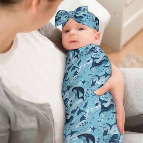 Sea Waves Baby Swaddle Blanket Set with Headband for Newborns