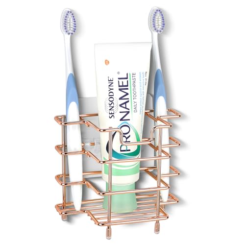 Linkidea Stainless Steel Toothbrush Holder - Wall Mount & Countertop, Rose Gold
