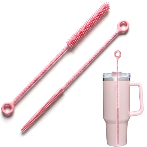 Pink 2-Pack Silicone Straw Cleaner Brush - Extra Long 12.6in Reusable Glass & Metal Straw Cleaner - Flexible, Soft, Anti-Slip Handle