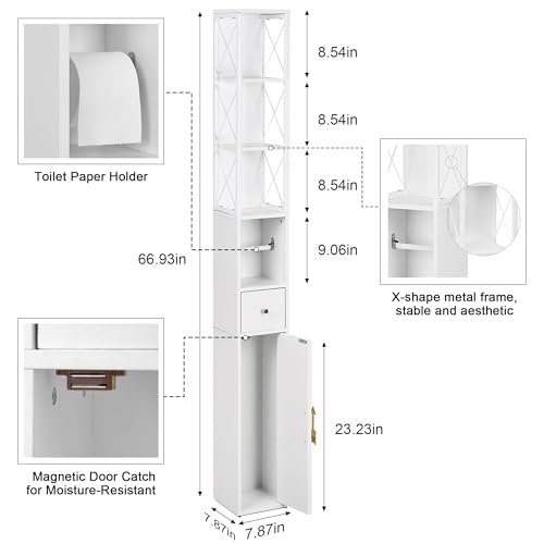VECELO Storage Cabinet, 67" Tall Narrow Bathroom Cabinet with X-Frame Metal Design, Toilet Paper Holder, Magnetic Door & Drawer, for Small Spaces, Pearl White