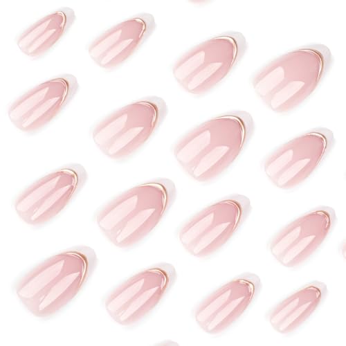 White French Tip Press on Nails Short Almond with Gold Line Design