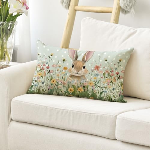 Easter Bunny Wildflowers Throw Pillow Cover 12x20 Inch