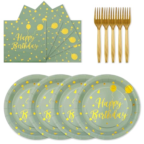 Sage Green and Gold Birthday Party Tableware Set - 72PCS