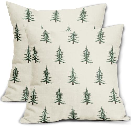 Christmas Pillow Covers 18x18 Set of 2 with Forest Green Tree Print