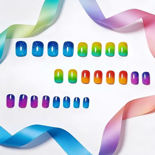 Short Square Press on Nails Glossy Gradient Rainbow Fake Nails 24 Pcs