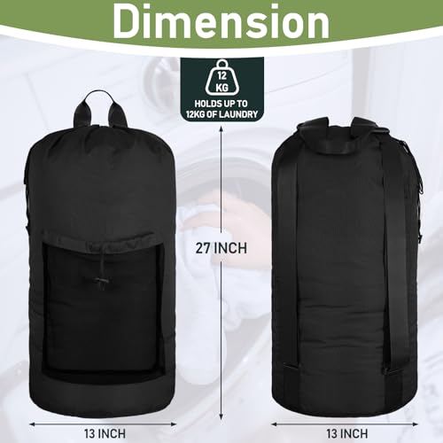 Large Backpack Laundry Bag with Shoulder Straps - Durable Polyester Hamper for College & Travel (Black)