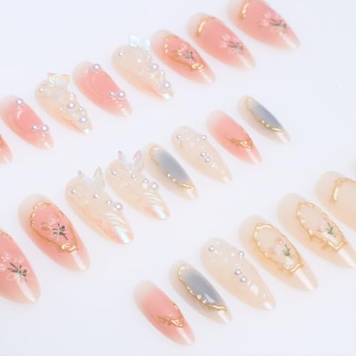 3D Butterfly Press On Nails Almond French False Nails 24PCS Kit