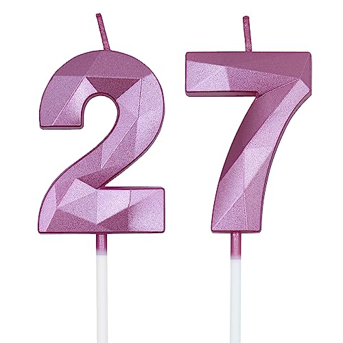 Pink 3D Diamond Birthday Candles - Number 27 & 72 Set