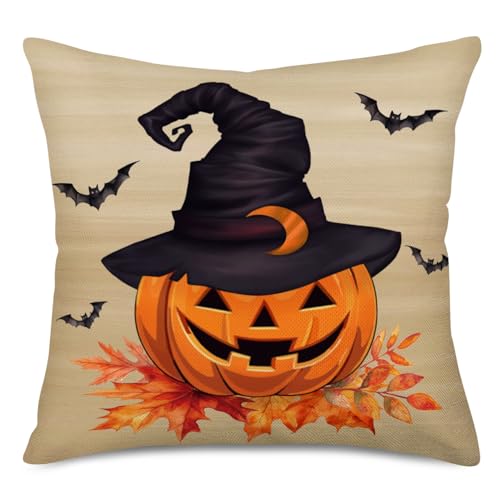 Halloween Pumpkin Wreath Throw Pillow Cover 18x18 Cotton Linen Decor
