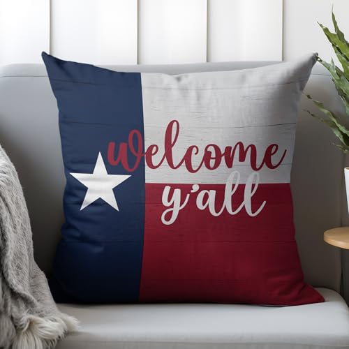 Texas Flag Welcome Y'all Pillow Cover 18x18 - Rustic Farmhouse Decor (Color 01)