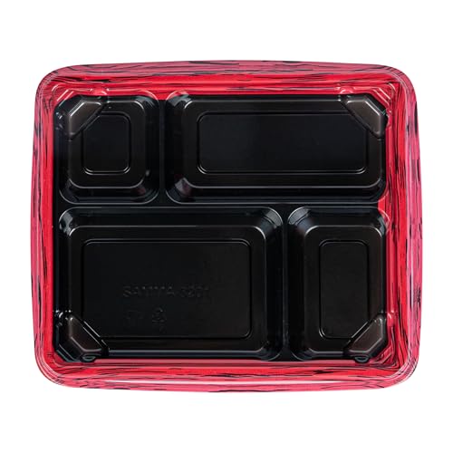 Restaurantware Bento Tek 15.2 Ounce Meal Prep Containers, 50 Disposable To Go Food Boxes - Lids Sold Separately, 4 Compartments, Red And Black Plastic Bento Lunch Boxes, Freezable, For Take Out