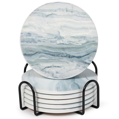 Acejoz 6-Piece Blue Marble Ceramic Coaster Set with Metal Holder
