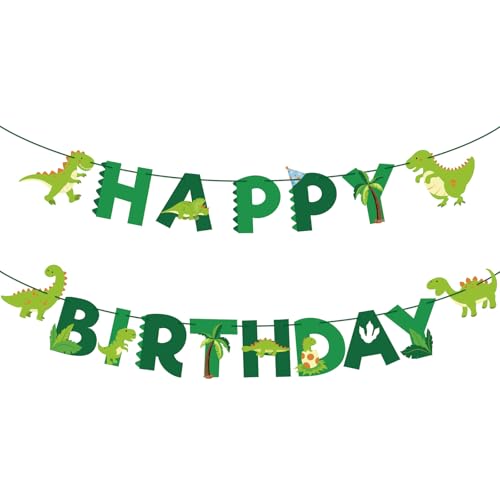 Dinosaur Birthday Banner with Cute Cards & Green Ribbon