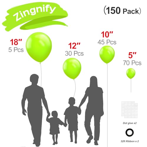 Lime Green Balloons Pack - 150 pcs in Various Sizes for Party Decor (Green-1v)