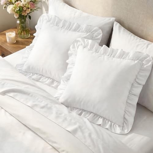 White Ruffle Throw Pillow Covers - Set of 2 Cushion Cases 18x18 inches