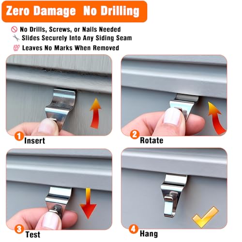 YUNFOOK 14 Pcs Stainless Steel Vinyl Siding Hooks - No-Hole Outdoor Hangers