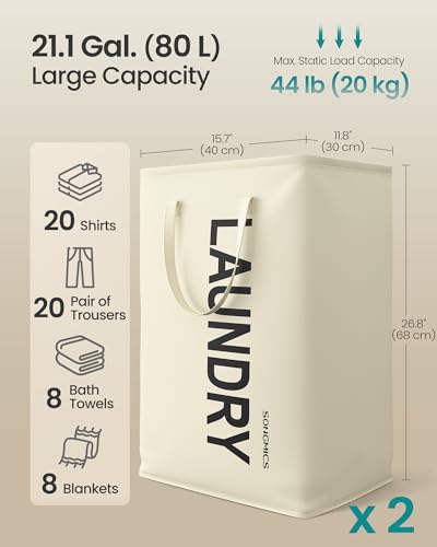 SONGMICS Cream White Laundry Hamper 80L, 2 Pack, Foldable