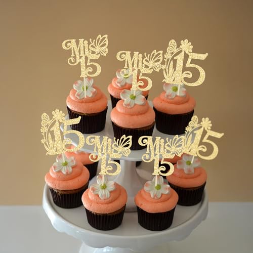 Ephlyn 24Pcs Glitter Cupcake Toppers for 15th Birthday Party