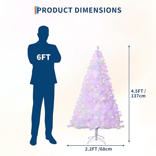 4ft 6in Prelit White Artificial Christmas Tree with 150 Warm White Lights, Snow Flocked, Foldable Base, Holiday Decor