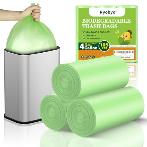 Ryobyo Biodegradable Small Trash Bags, 4 Gallon, 105 Count, Green