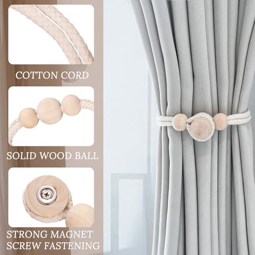 Magnetic Wooden Curtain Tiebacks 2-Pack - Adjustable Rustic Bead Holdbacks