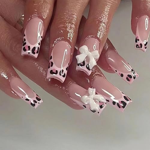 Pink Leopard French Tip Press on Nails with Bow and Rhinestones