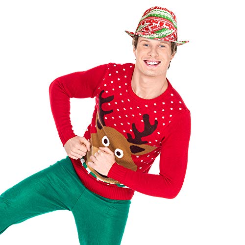 Christmas Sweater Fedora Party Hat - Red and Green Holiday Costume Accessory