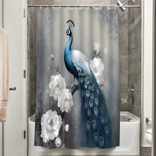 Peacock Shower Curtain 70" x 70" - Blue Bird Design for Bathroom