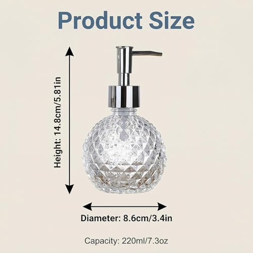 OHEETU 220ml Clear Glass Soap Dispenser with Rust-Resistant Silver Pump