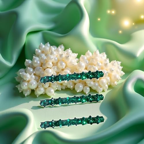 Green Rhinestone Hair Barrette Clips 3-Pack Alligator Hair Pins