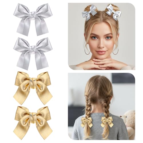 Mabor 4PCS Leather Hair Bow Clips - Metallic Gold & Silver Hair Accessories