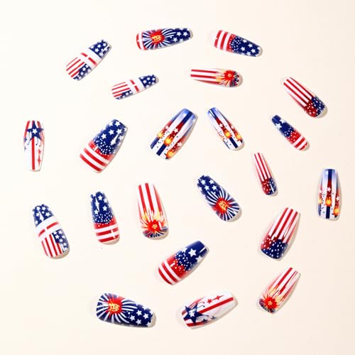 4th of July Long Press on Nails Red Blue Stars and Stripes False Nails