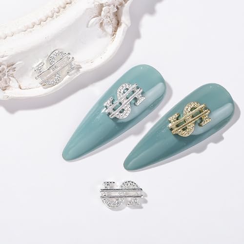 Cagzzee 3D Metallic Dollar Sign Nail Charms, Gold and Silver, 50 Pcs