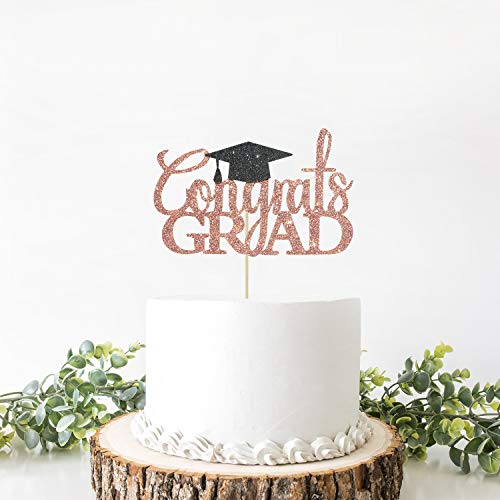 Congrats Grad Cake Topper - Rose Gold Glitter for 2026 Graduation