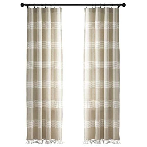 Lush Decor Tucker Stripe Yarn Dyed Cotton Knotted Tassel Window Curtain Panel Pair, 84" x 40", Taupe