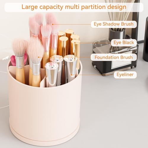 Yieach Rotating Makeup Brush Holder with Lid - 6-Compartment Pink Organizer