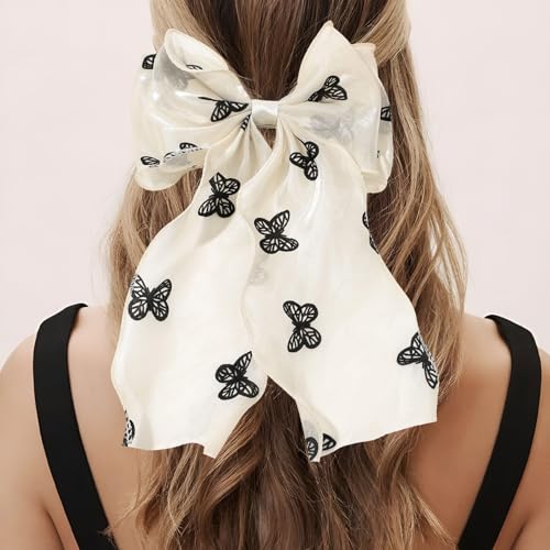Papasgix Big Silk Hair Bow Clip with Long Ribbon - White Butterfly