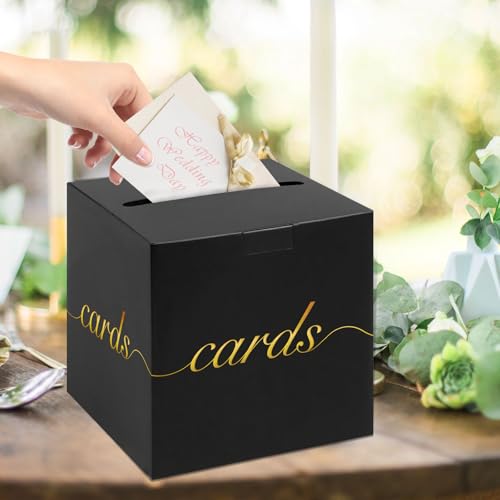 Black Wedding Card Box Holder - 7.9 Inch Gold Foil Party Card Box for Reception, Birthday and Baby Shower