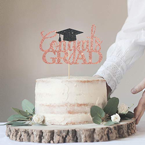 Congrats Grad Cake Topper - Rose Gold Glitter for 2026 Graduation