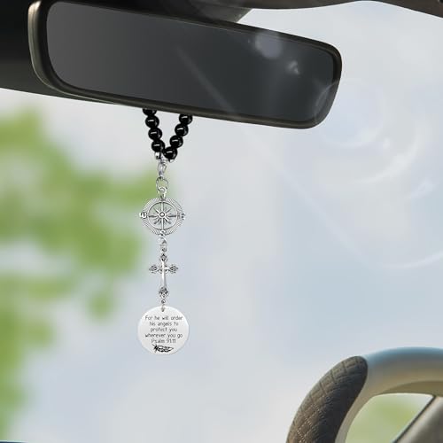 Stainless Steel Cross Car Charm & Bible Verse Rearview Mirror Pendant