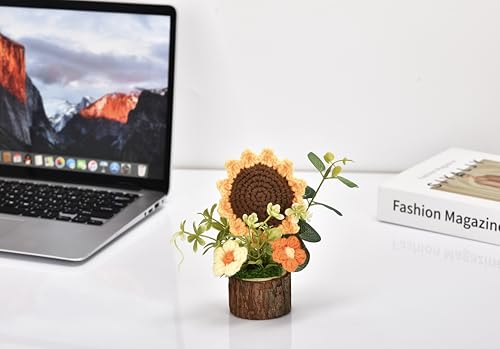 Andvon Crochet Sunflower Bouquet with Wood Base, Mini Desk Decor Gift
