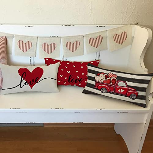 Valentine Heart Throw Pillow Cover 12x20 Inch Red Farmhouse Decor