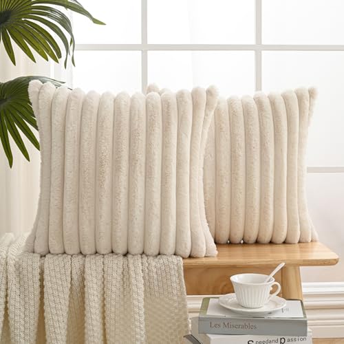Volcanics Set of 2 Beige Faux Fur Throw Pillow Covers 18x18