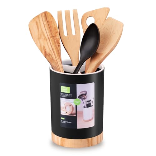 Kitchen Utensil Holder with Removable Divider and Wooden Drain Base