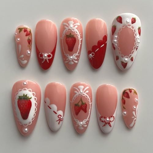 Strawberry Press On Nails Medium Almond Red French Tip False Nails